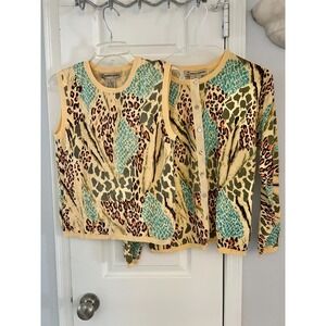 Bamboo Traders Sweater Twin Set Women's Medium Animal Print Sequin Retro Vintage